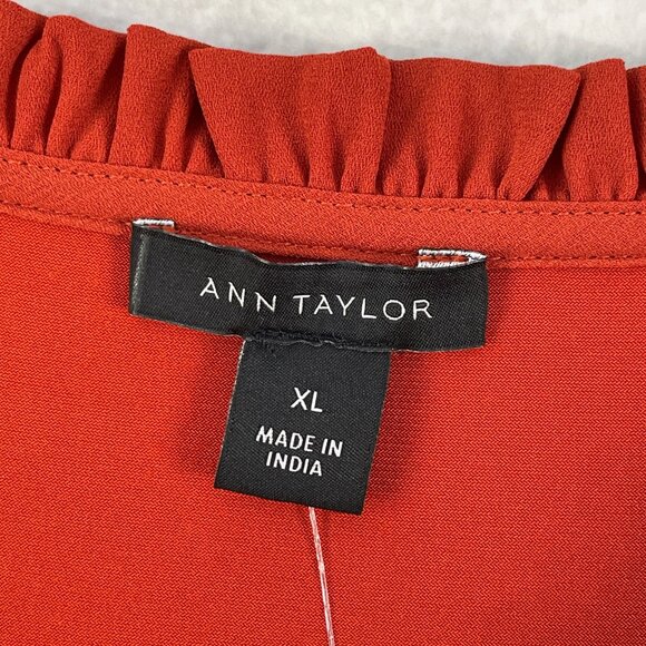 NEW ANN TAYLOR Womens XL Burnt Orange Button Up Ruffle Neck Blouse Shirt - Picture 5 of 12